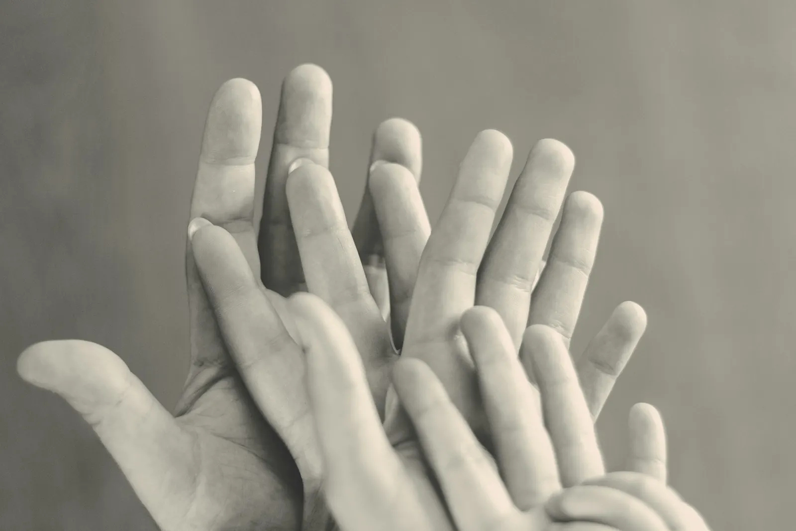 Des mains d’adultes et d’enfants, de tailles différentes, levées ensemble devant un mur gris, en noir et blanc. Photo d’illustration.